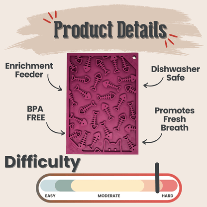 Product details of a purple enrichment feeder with features and difficulty rating on a beige background.