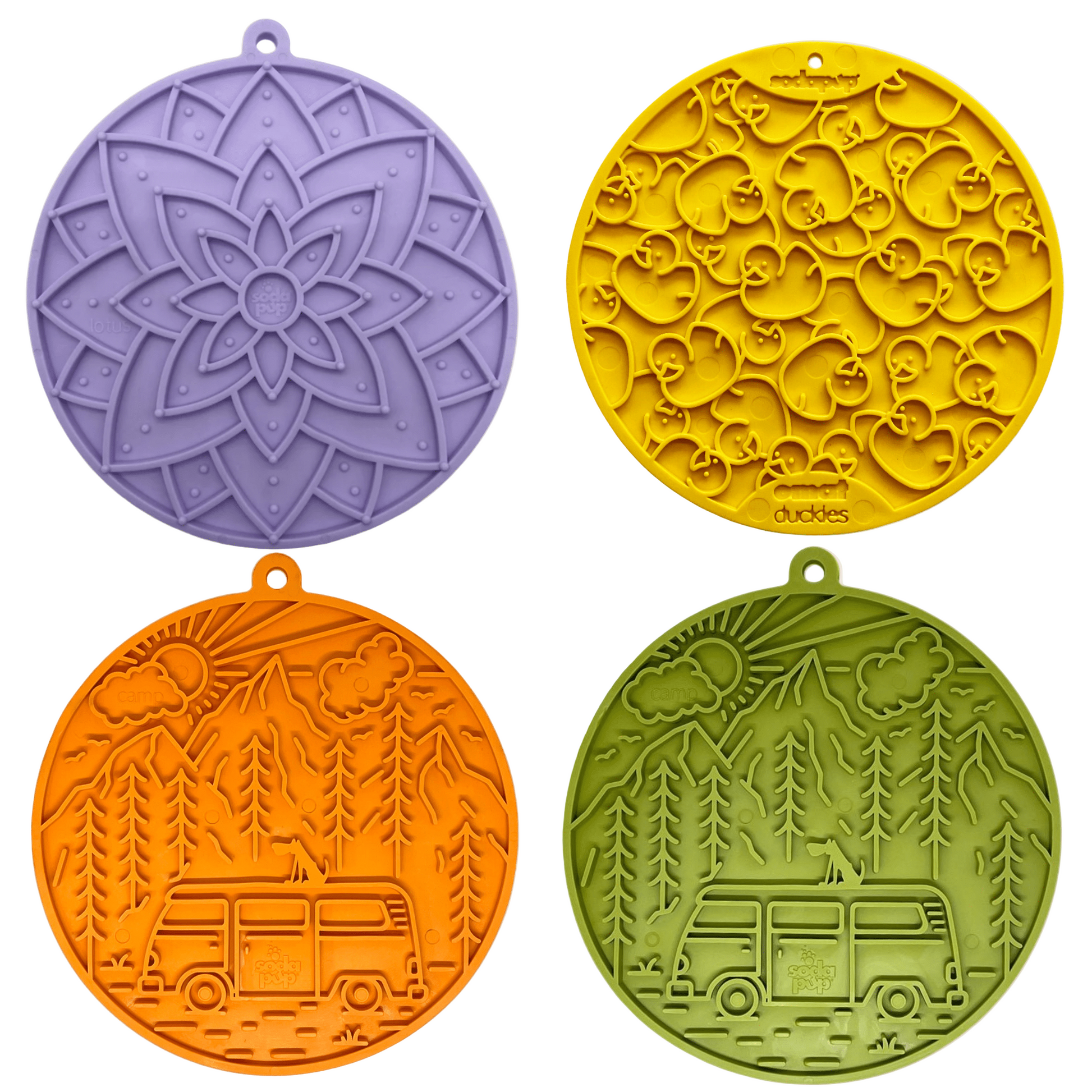 Four round silicone lick mats with unique patterns on a beige background