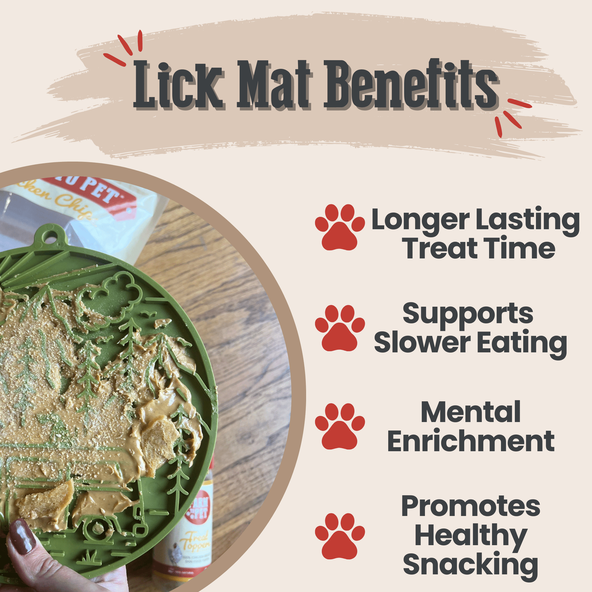 Lick mat with benefits listed on a beige background
