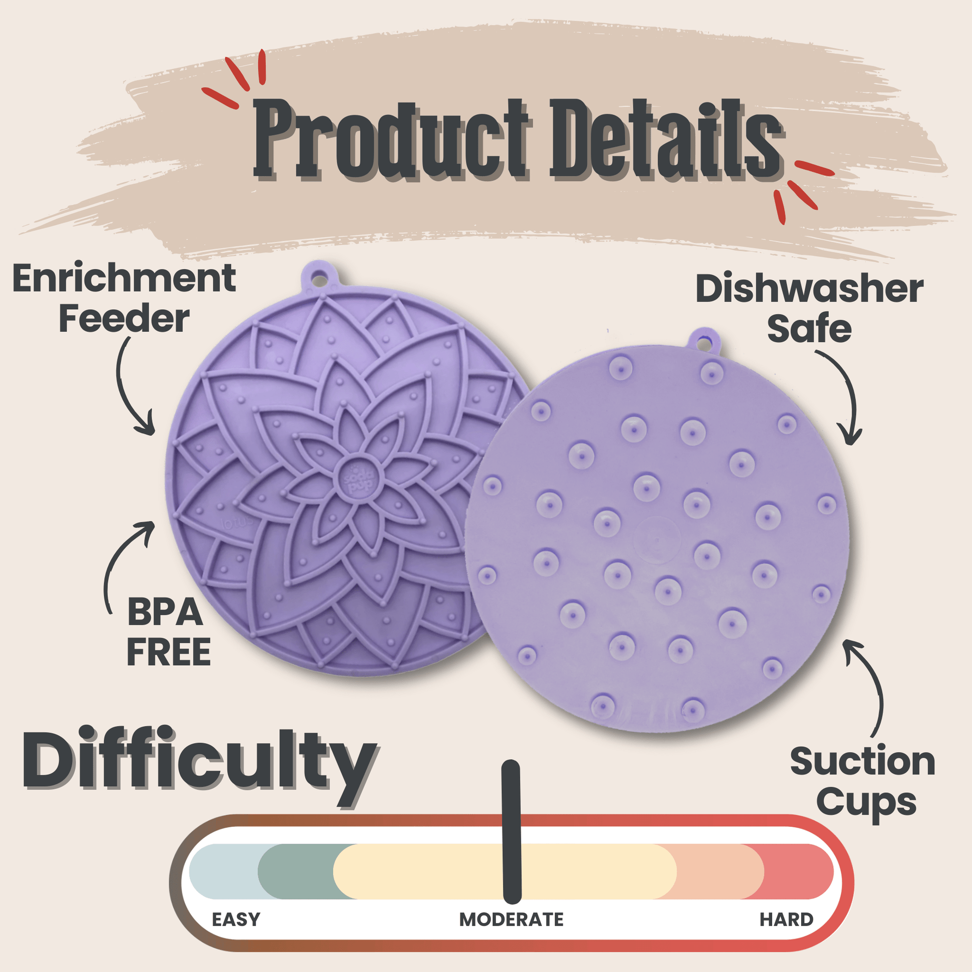 Purple silicone lick mats with text detailing features and difficulty level on a beige background