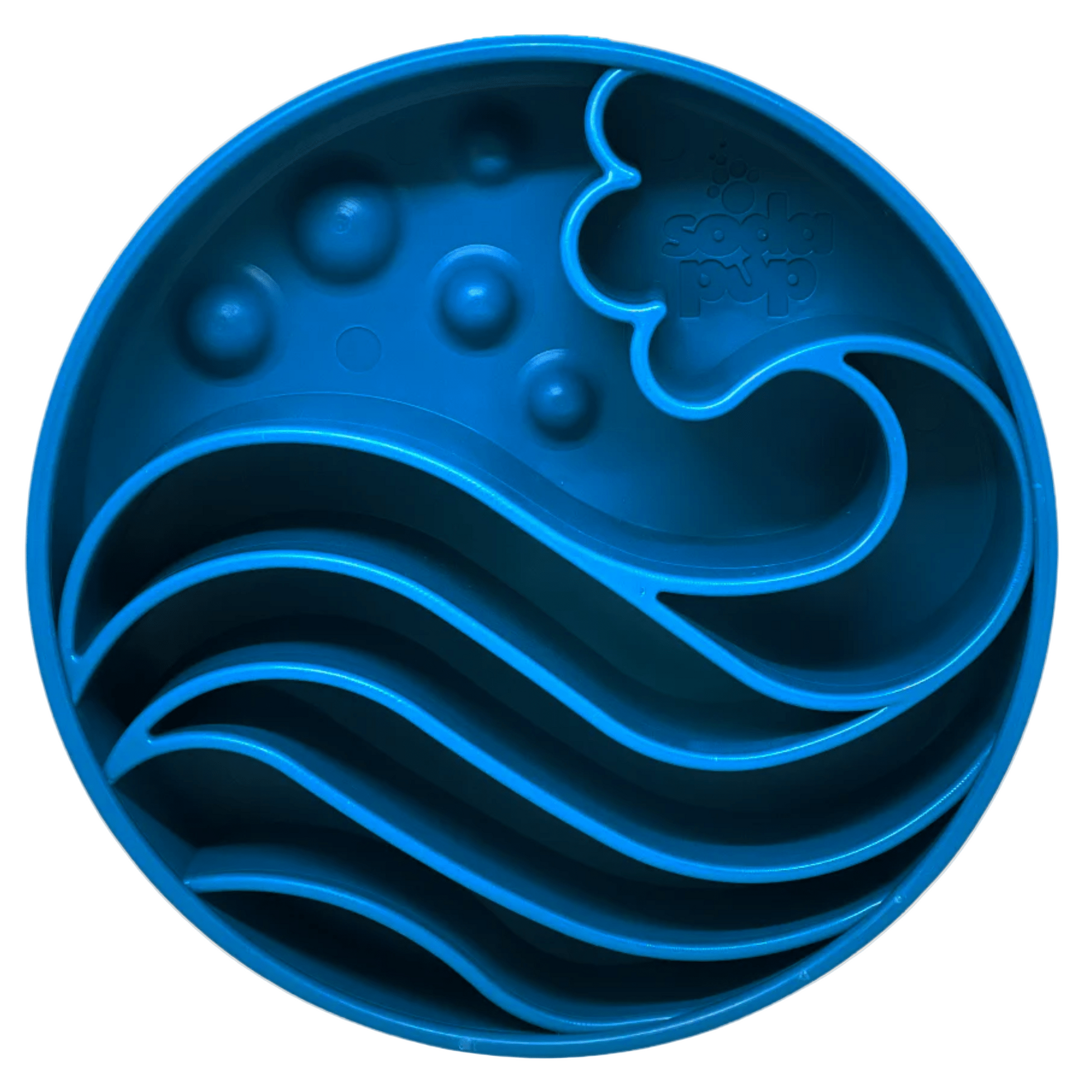 Blue silicone dog lick mat with wave design on a beige background