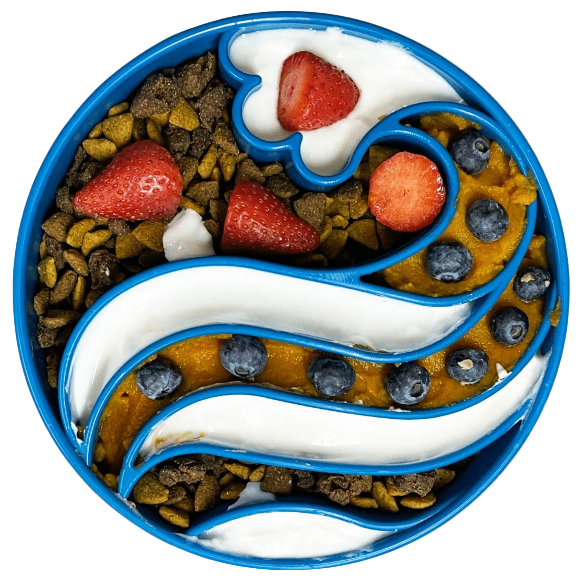 Colorful bowl with pet food, strawberries, and blueberries on a beige background