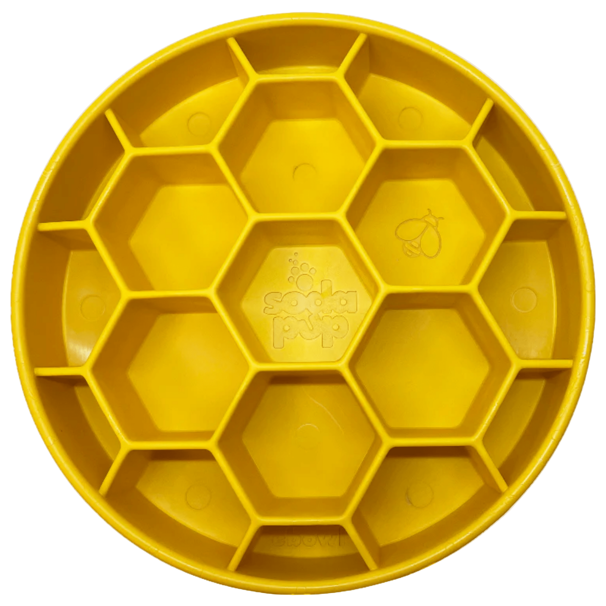 Yellow honeycomb-shaped lick dog mat with 'SodaPup' branding on a white background