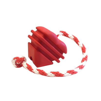 Red dog toy with a rope on a white background