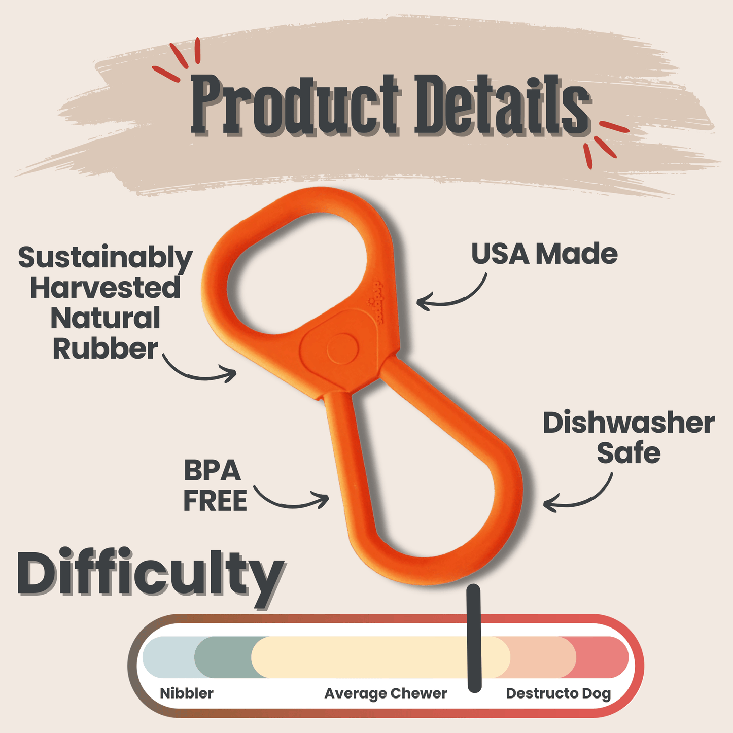 Orange dog tug toy with product details on a beige background