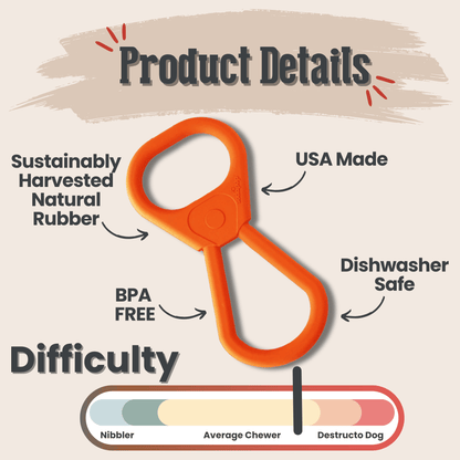 Orange dog tug toy with product details on a beige background