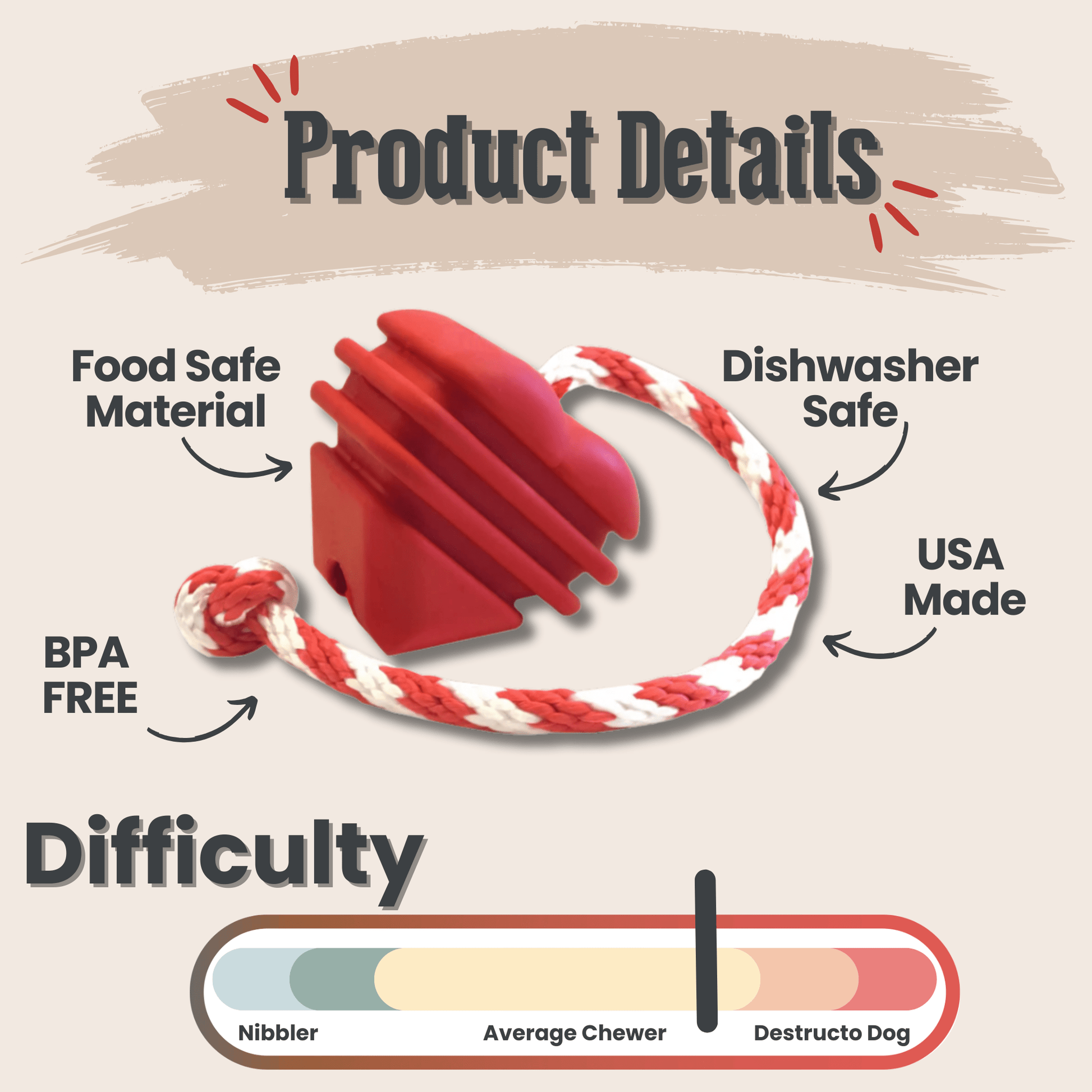 Product details of a red and white chew toy with text on safety and features.