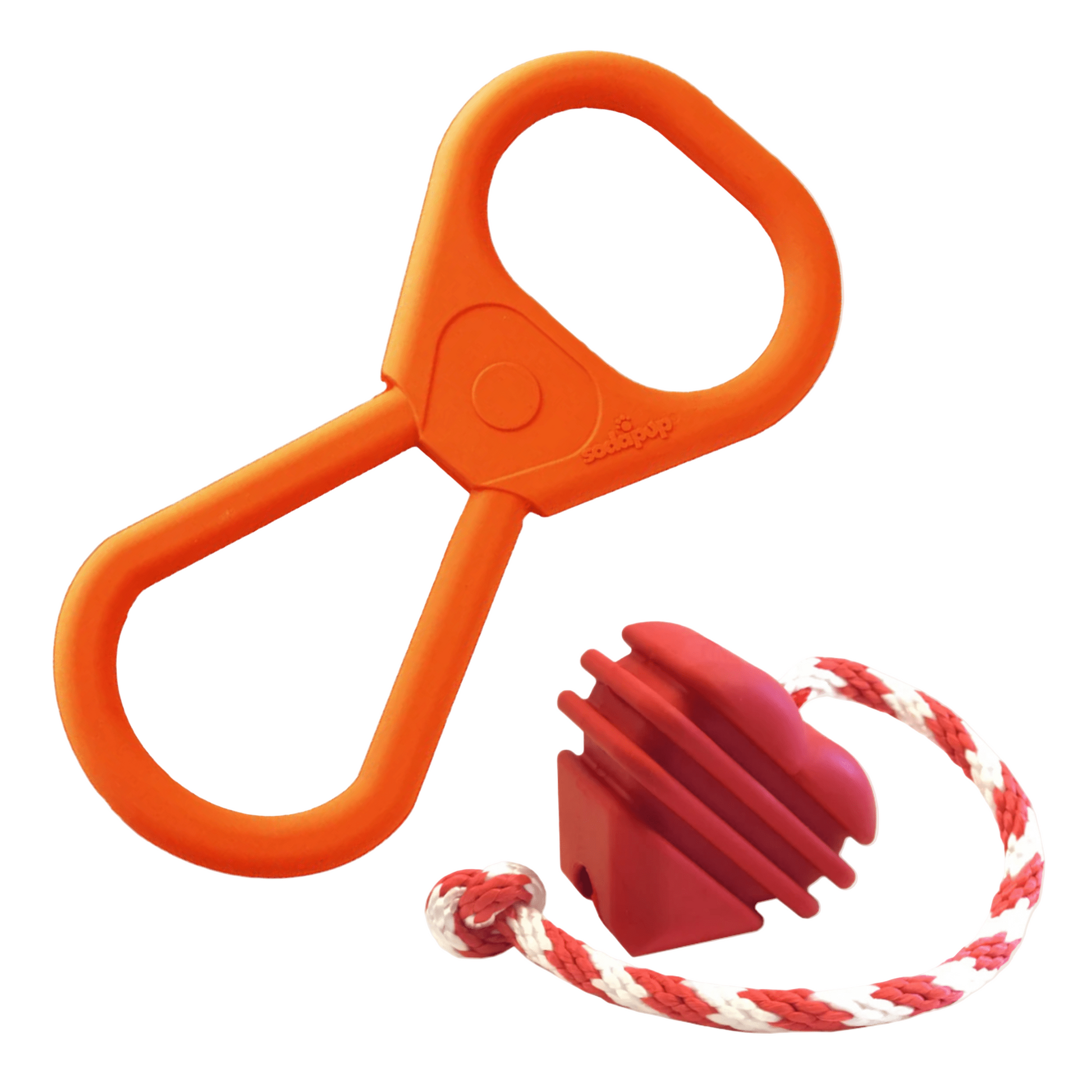 Orange dog tug toy with a red and white rope attachment on a white background