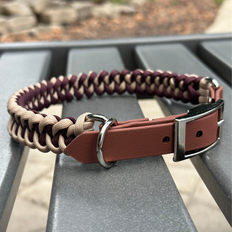 Dog collar with braided design and leather strap on a metal surface