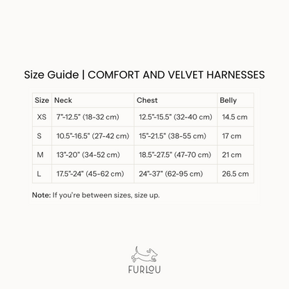 Size guide for Comfort and Velvet Harnesses by Furlou on a white background