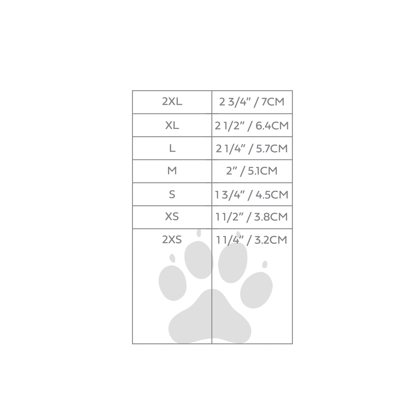 Size chart for pet products with paw prints on a white background