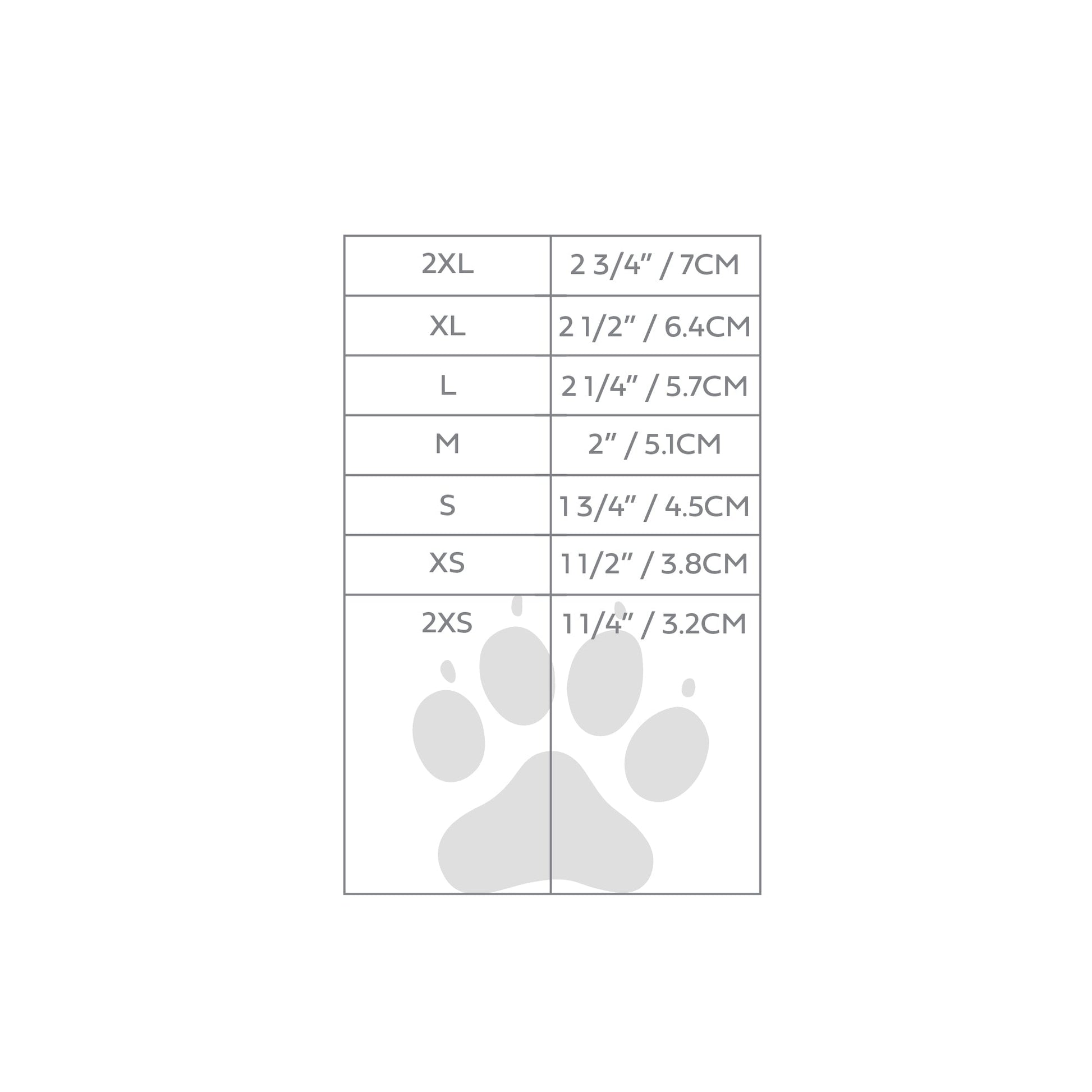 Size chart for pet products with paw prints on a white background