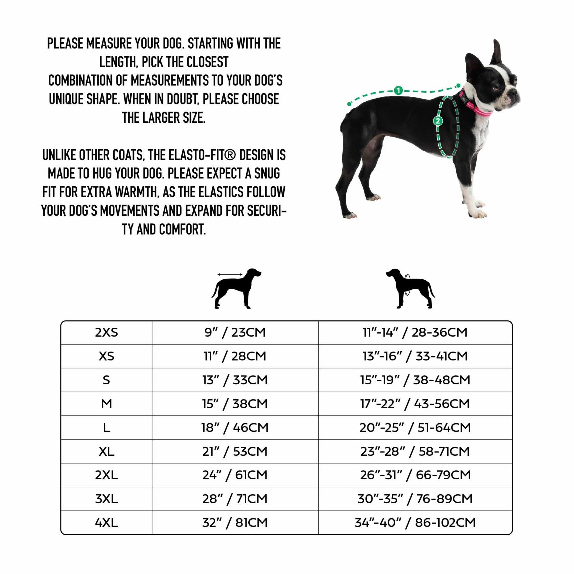Dog coat size chart with measurements and a black and white dog illustration.