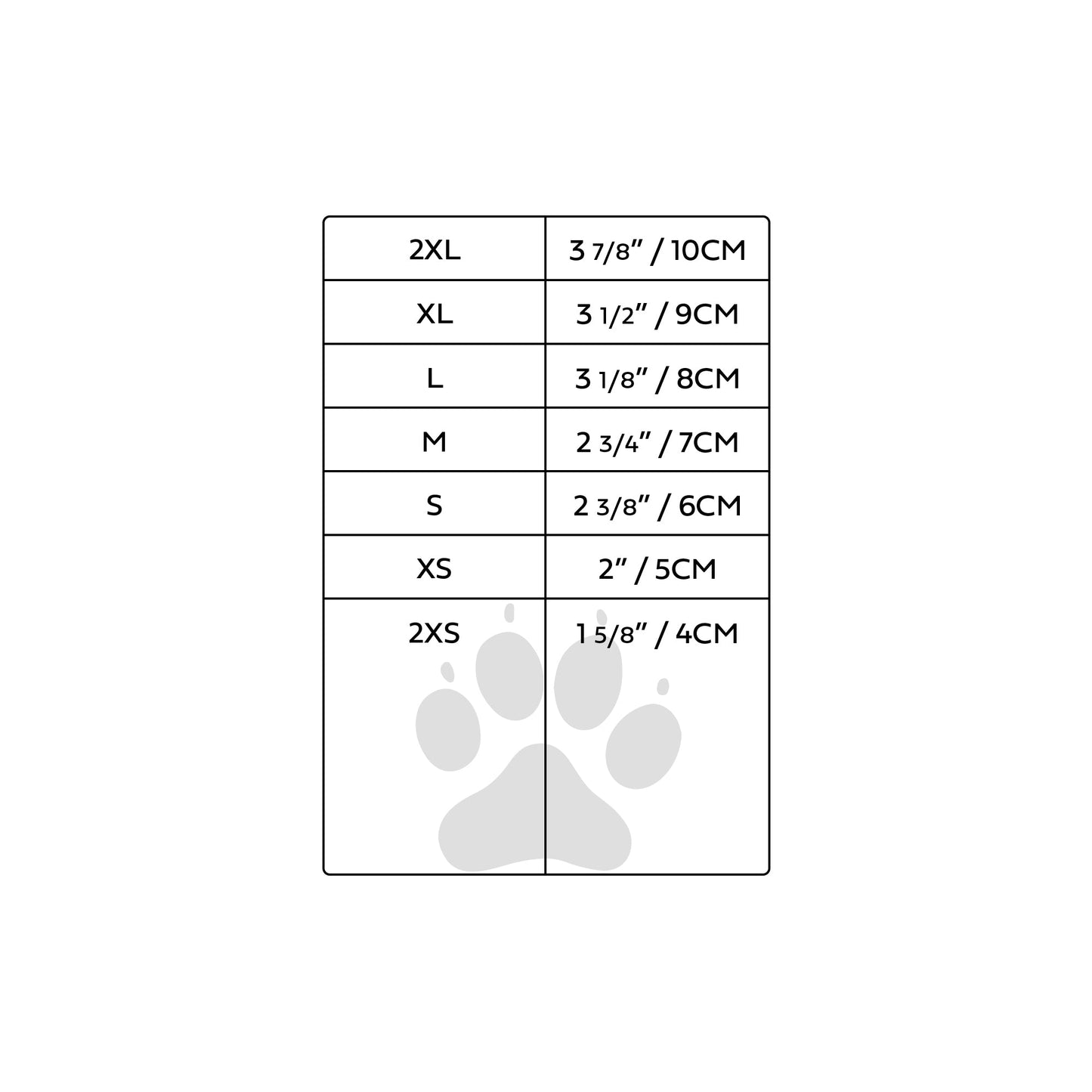 Size chart for dog boots with paw prints on a white background