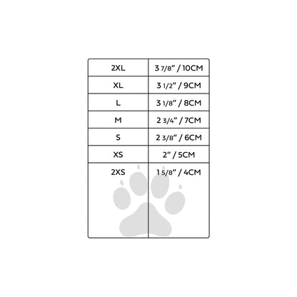 Size chart for dog boots with paw prints on a white background