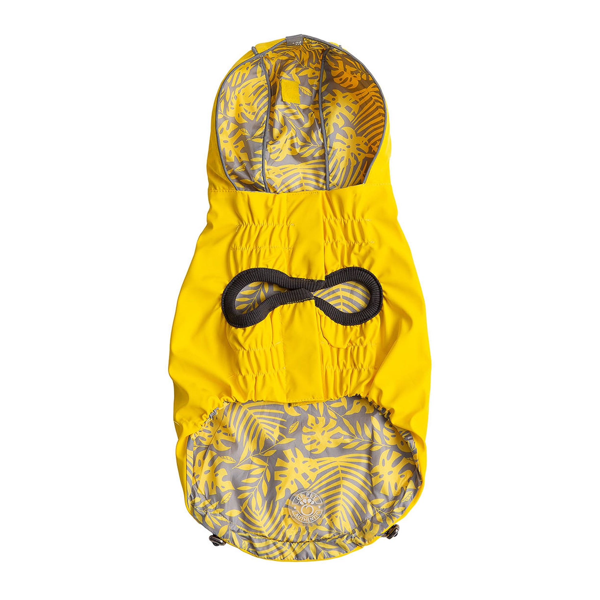 Yellow raincoat with tropical pattern on a white background