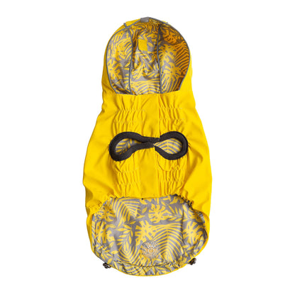 Yellow raincoat with tropical pattern on a white background