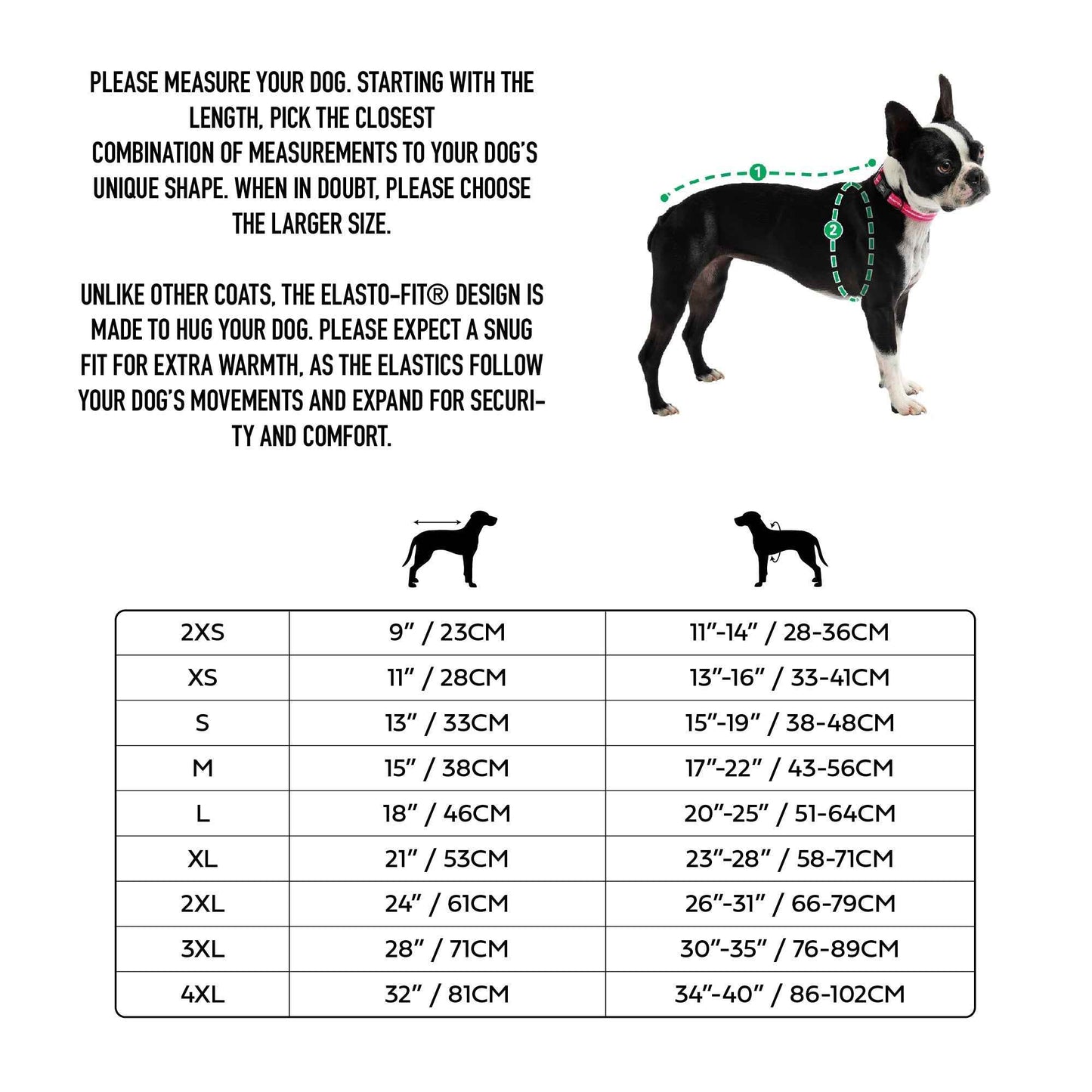 Dog coat size chart with measurements and a Boston Terrier model