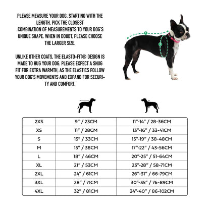 Dog size chart with measurements and a black and white dog illustration on a white background