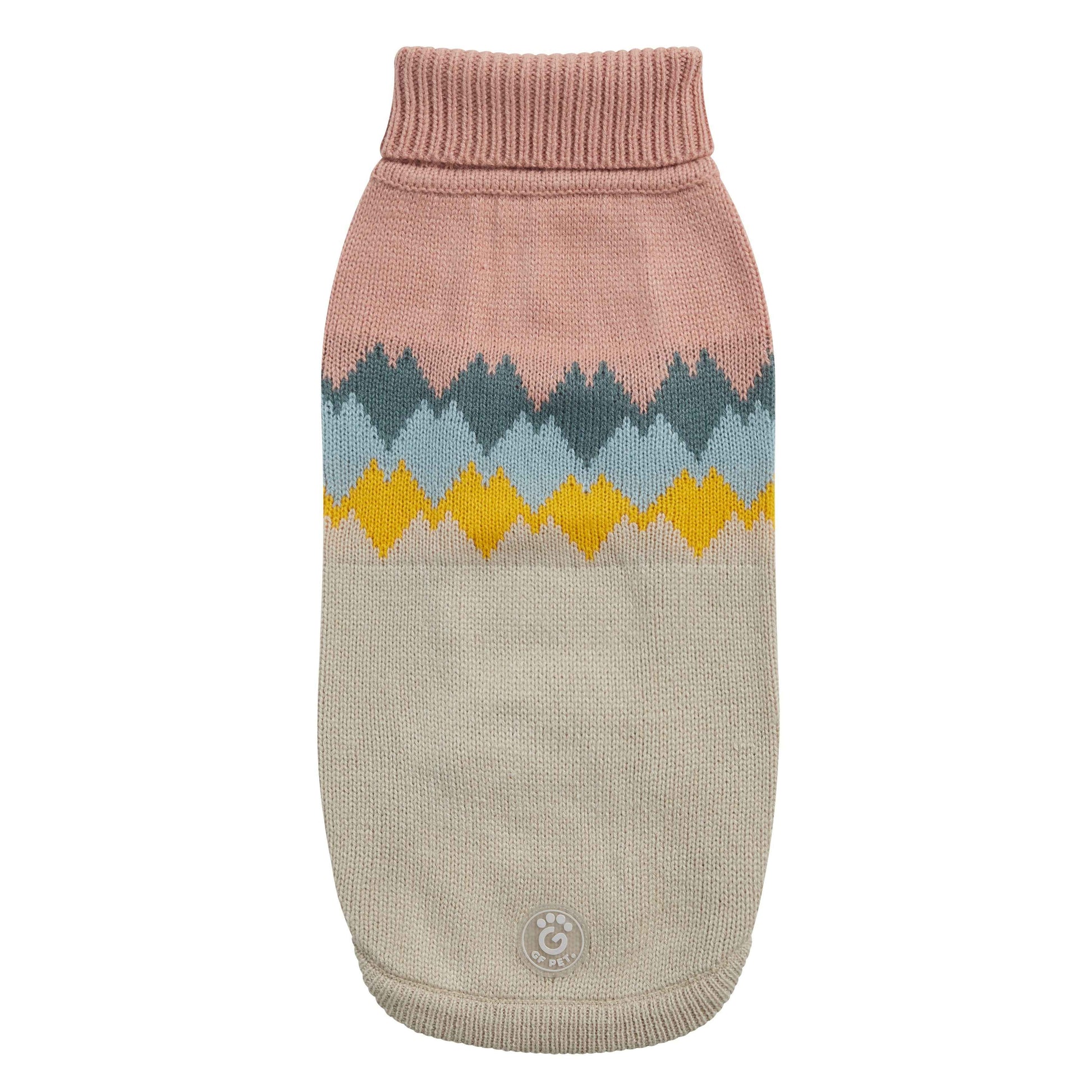 Knitted dog sweater with a patterned design on a white background