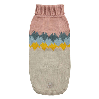Knitted dog sweater with a patterned design on a white background