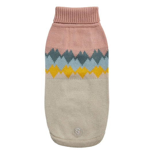 Knitted dog sweater with a patterned design on a white background