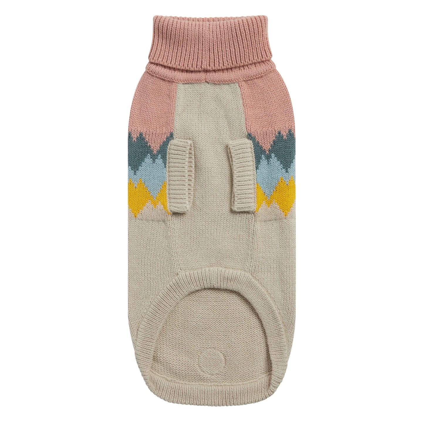 Dog sweater with pink and beige pattern on a white background