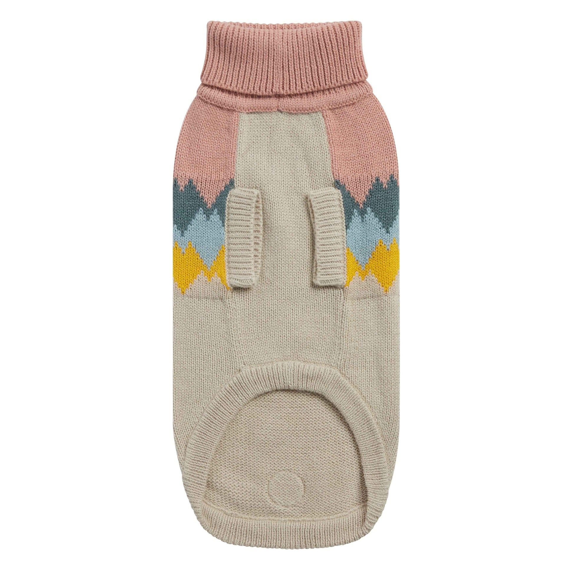 Dog sweater with pink and beige pattern on a white background