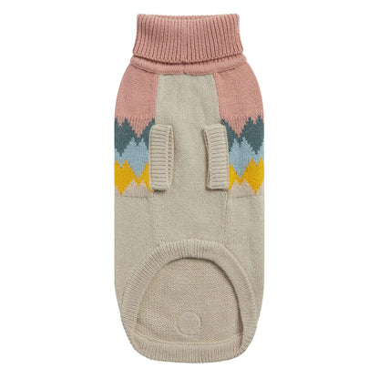 Dog sweater with pink and beige pattern on a white background
