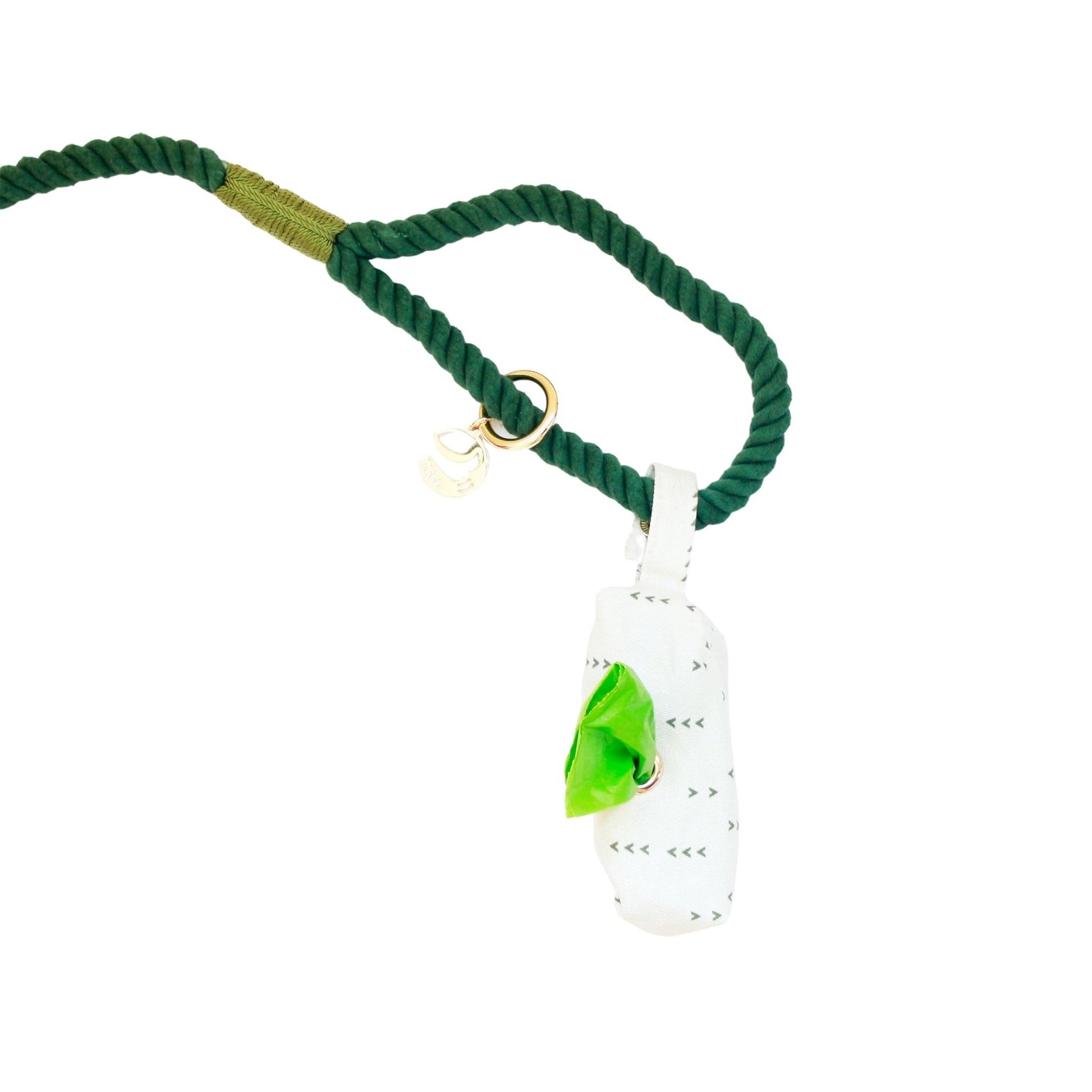 Green rope necklace with a white pendant featuring a green leaf on a white background