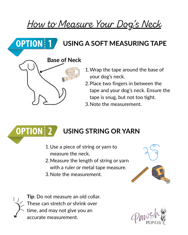 Instructions on how to measure a dog's neck using a soft measuring tape or string, with illustrations and text.