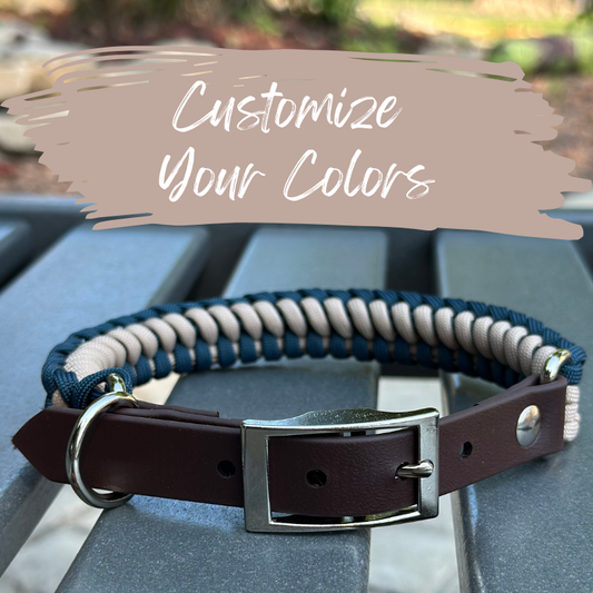 Dog collar with customizable color options on a metal surface