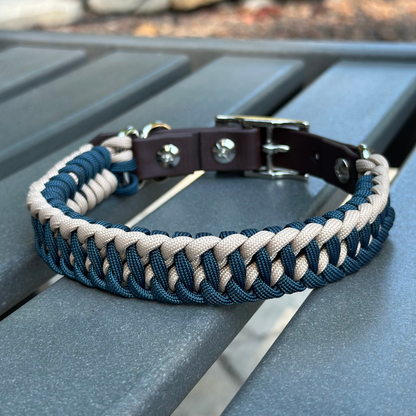 Dog collar with navy blue and light tan braided design with a dark brown BioThane strap belt buckle style silver hardware, sitting on a gray bench