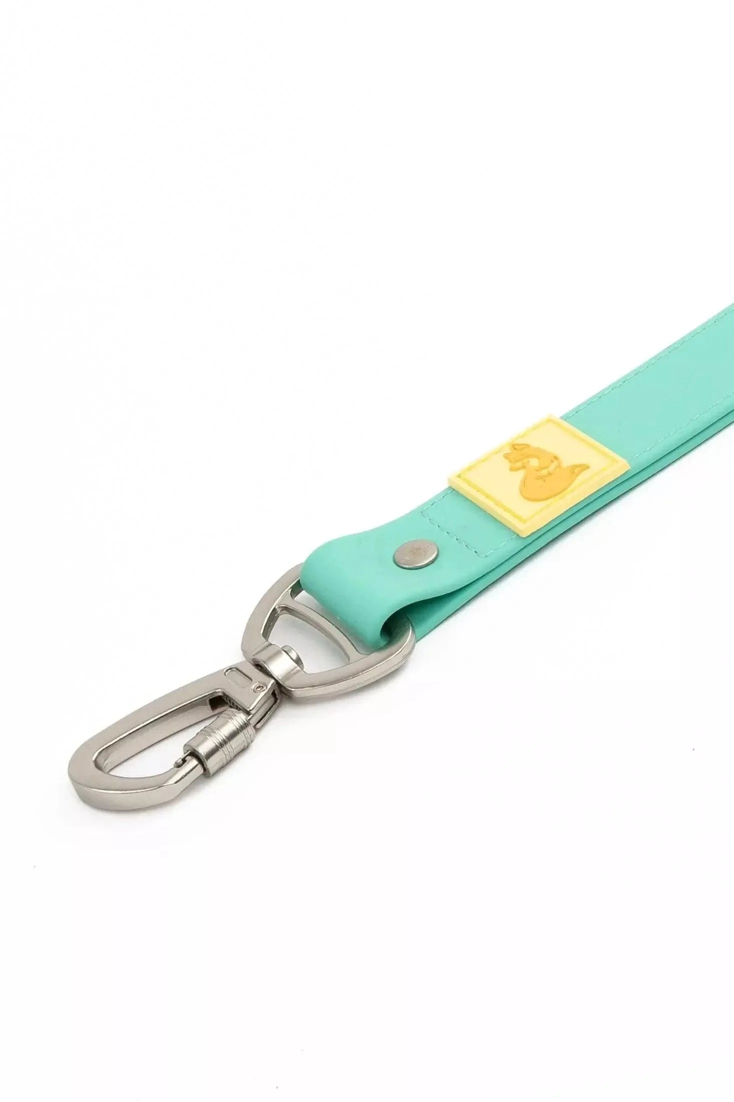 Teal strap with metal clip and yellow tag on a white background