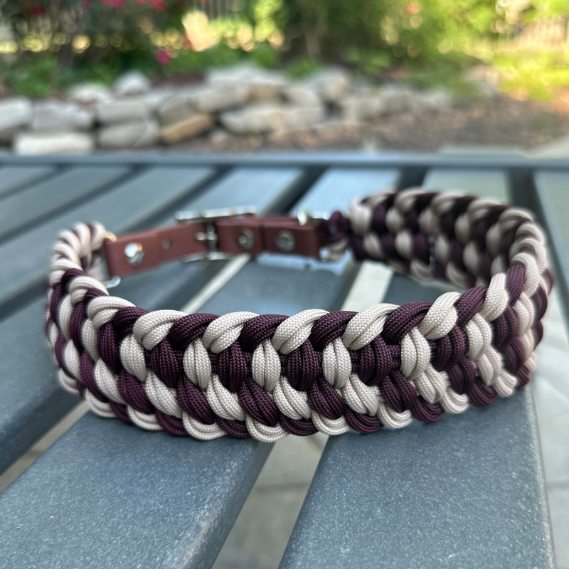Dog collar with braided design in burgundy and light tan with medium brown BioThane strap on a gray surface outdoors.