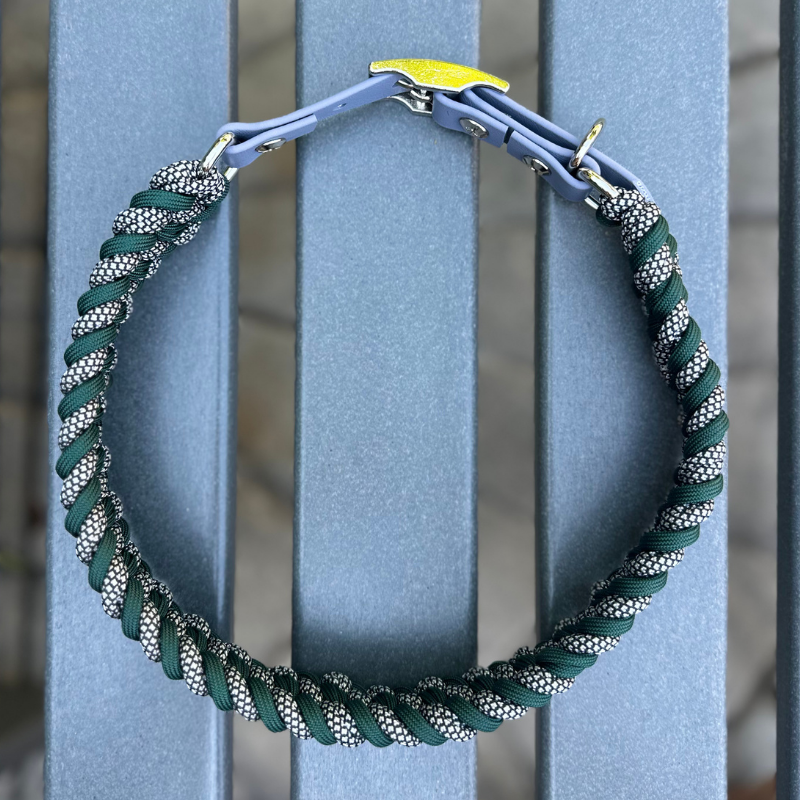 Dog collar with hunter green and silver diamond braided design and gray BioThane strap on a gray surface with a garden background.