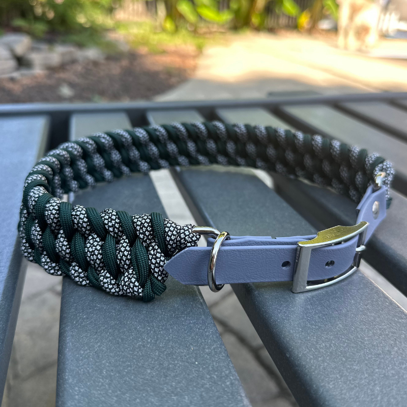 Dog collar with hunter green and silver diamond braided design and gray BioThane strap on a gray surface with a garden background.