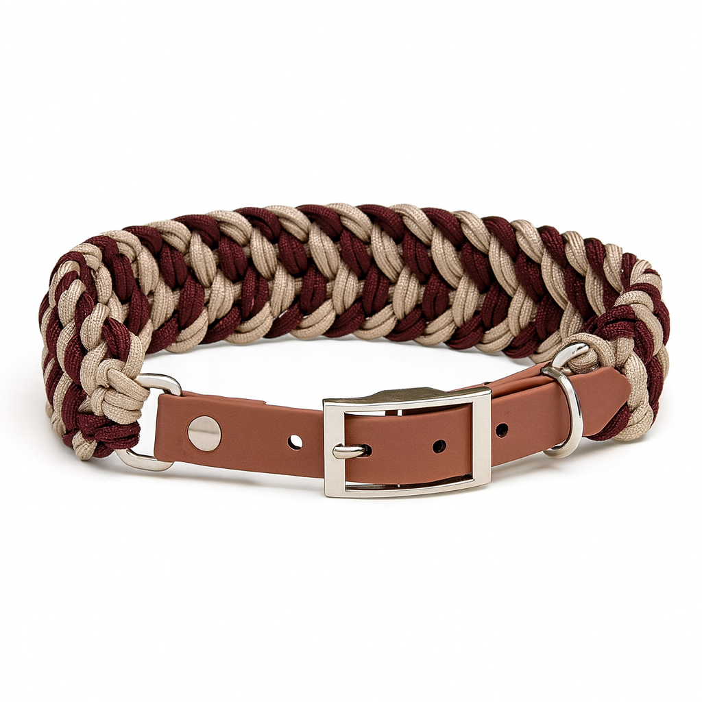 Braided dog collar with brown and beige pattern on a white background