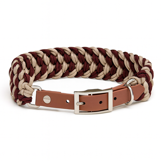 Braided dog collar with brown and beige pattern on a white background