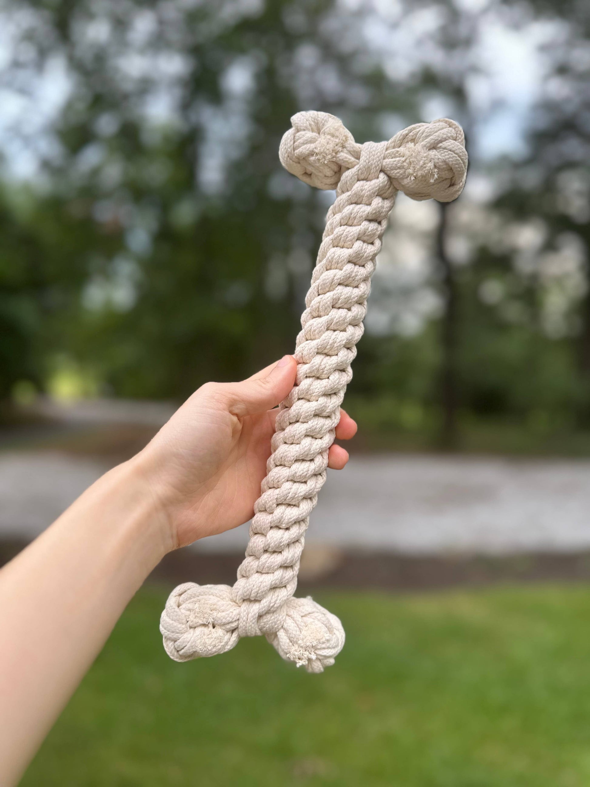 Hand holding a beige knotted rope toy with a blurred natural background