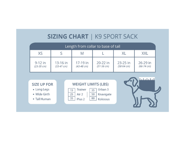 K9 Sport Sack sizing chart with measurements and weight limits on a light blue background