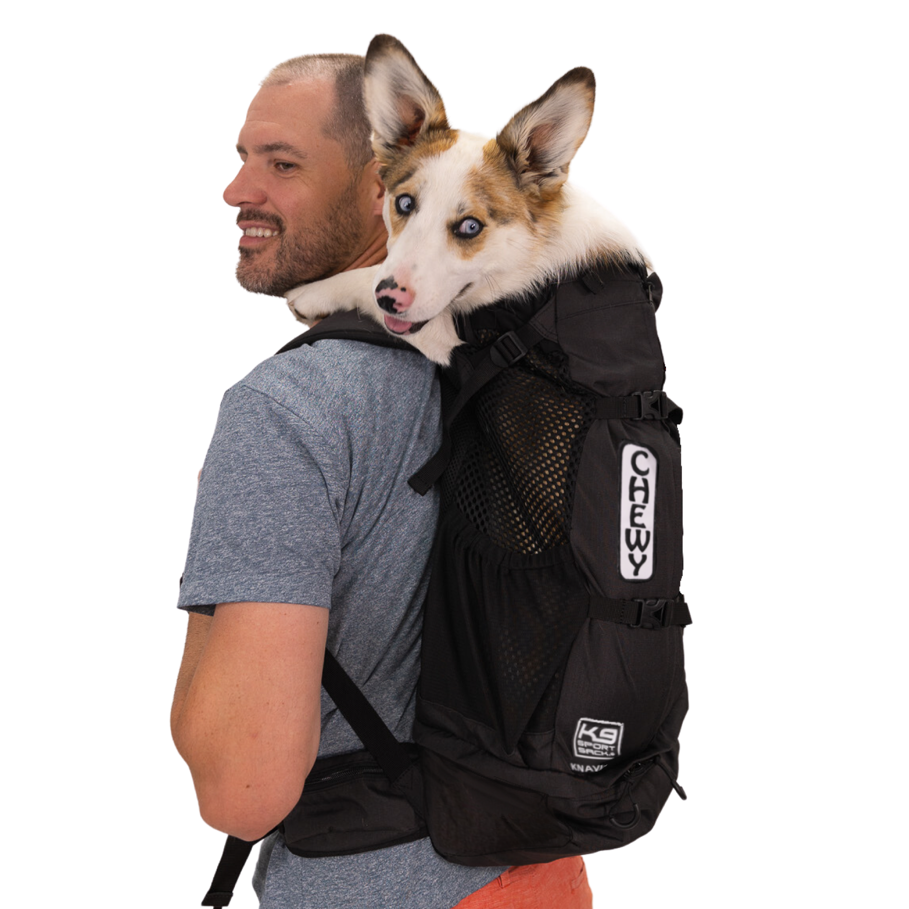 Man carrying a dog in a black backpack with 'K9s' branding on a white background