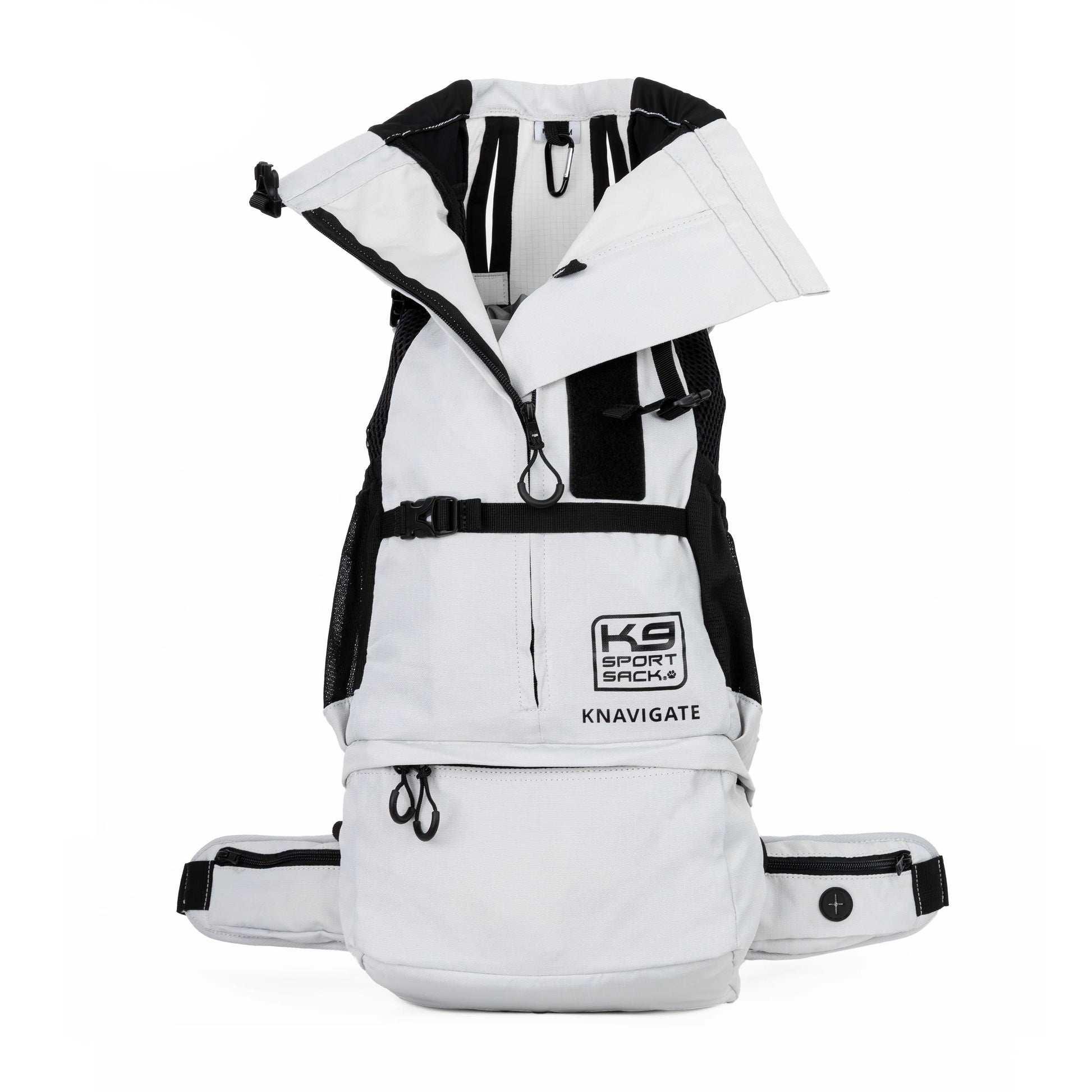 White and black backpack with visible branding on a white background