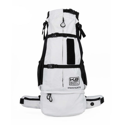 White and black backpack with 'KG Sport Bags' branding on a white background