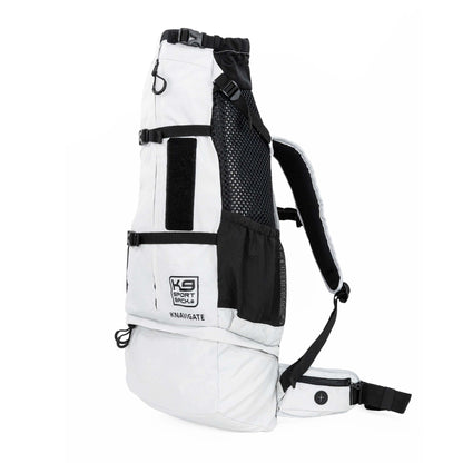 White and black backpack with visible branding on a white background