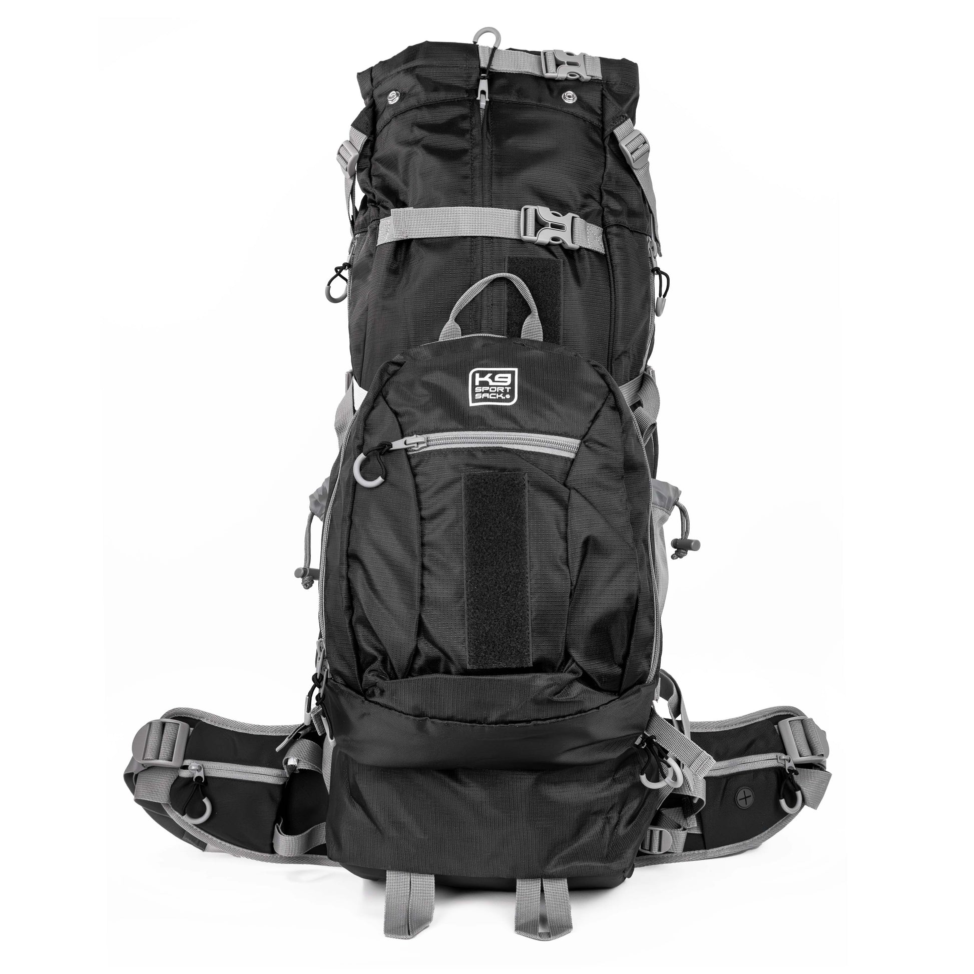 Black hiking backpack with multiple compartments and straps on a white background