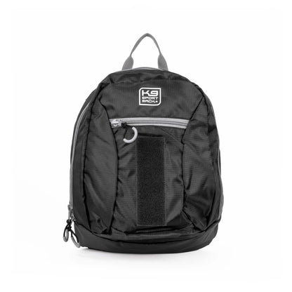 Black backpack with a visible brand logo on a white background
