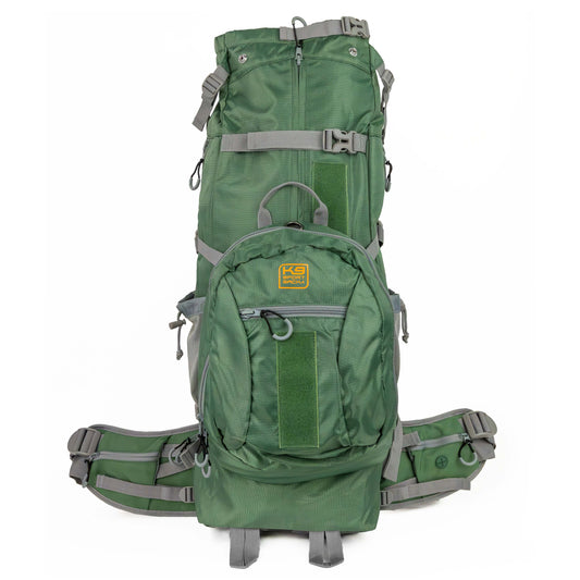 Green backpack with gray straps on a white background