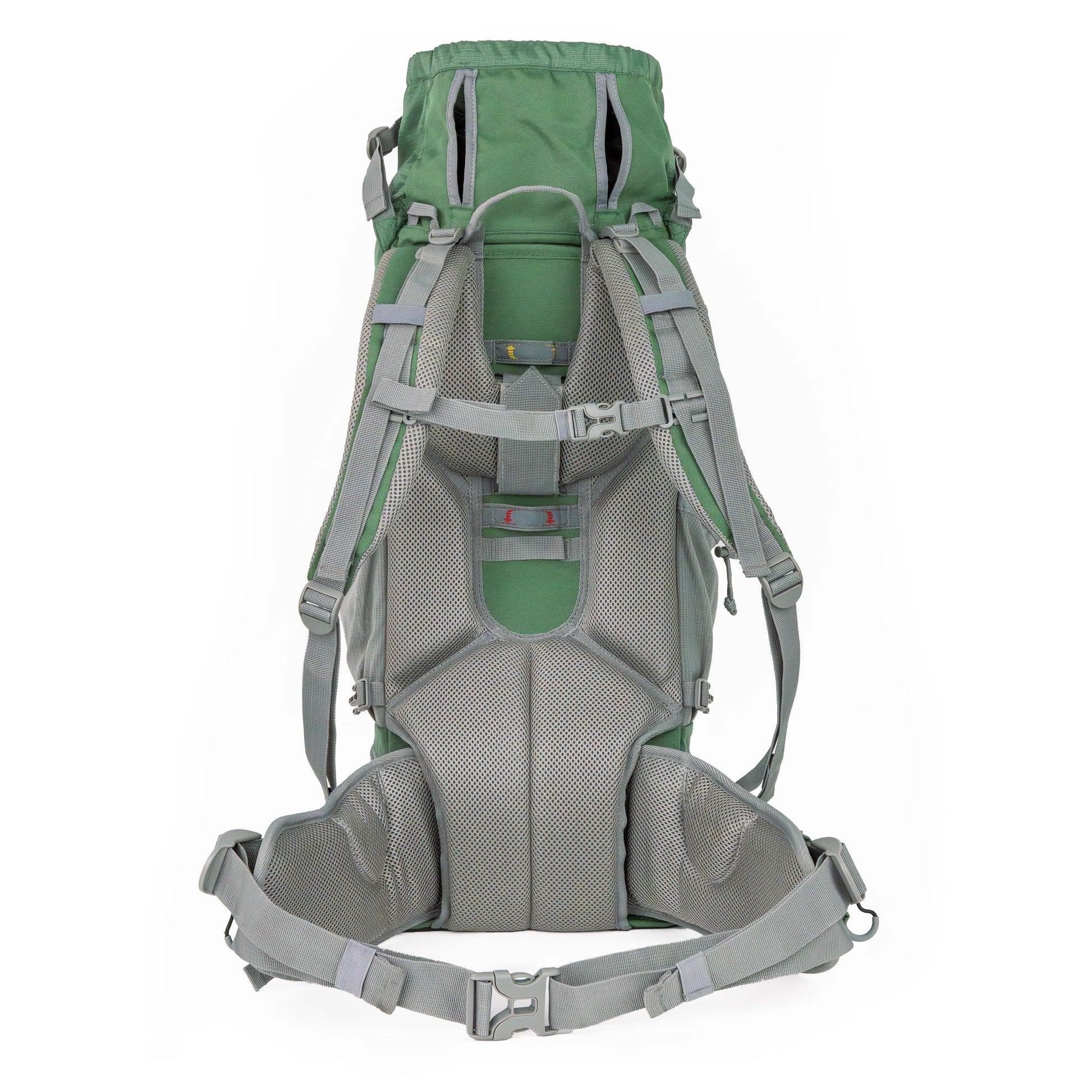 Green and gray hiking backpack on a white background