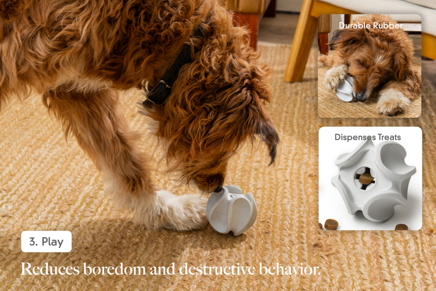 Dog playing with a toy on a carpeted floor, with an inset showing the toy's design.